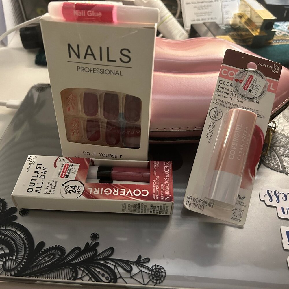 New Metallic Pink Lip Purse, Nails and Lipstick Bundle